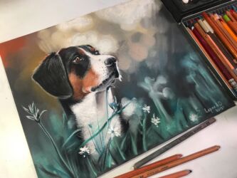 Собака в цветах. В наличии, 25×33, сухая пастель, пастельные карандаши, пастельная бумага. Оформлена в раму. Цена 5000 ₽