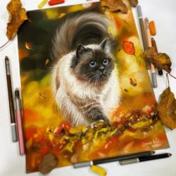 Кошка в осенних листьях. В наличии, 25×33, сухая пастель, пастельные карандаши, пастельная бумага. Без рамы. Цена 7000 ₽