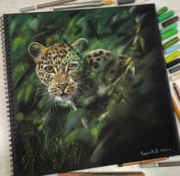 Леопард в листве. В наличии,т30×30, сухая пастель, пастельные карандаши, пастельная бумага. Без рамы. Цена 6000 ₽
