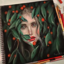 Девушка в листьях с ягодами. В наличии. 30×30, сухая пастель, пастельные карандаши, пастельная бумага. Оформлена в раму. Цена 5500 ₽